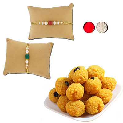 "Shimmering Pearl Rakhi Combo - JPRAK-23-05, 500gms of Laddu - Click here to View more details about this Product